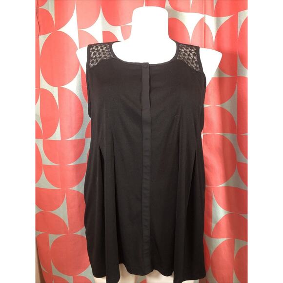 ELLE Black Tank Top Lace Sleeveless XL Button V Neck Pleated Long Flowy - Picture 1 of 8